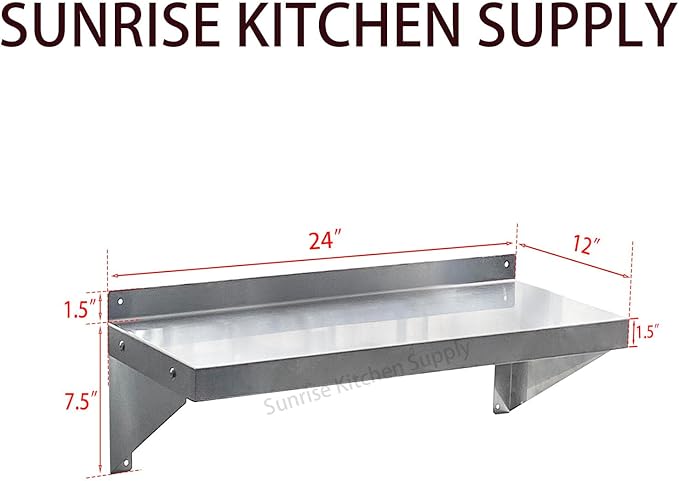 SUNRISE Commercial 430 Stainless Steel Kitchen Wall Shelf, NSF Certificated, Wall Mounted, Solid Shelving for Restaurants, Bars & Hotels (12" x 24")