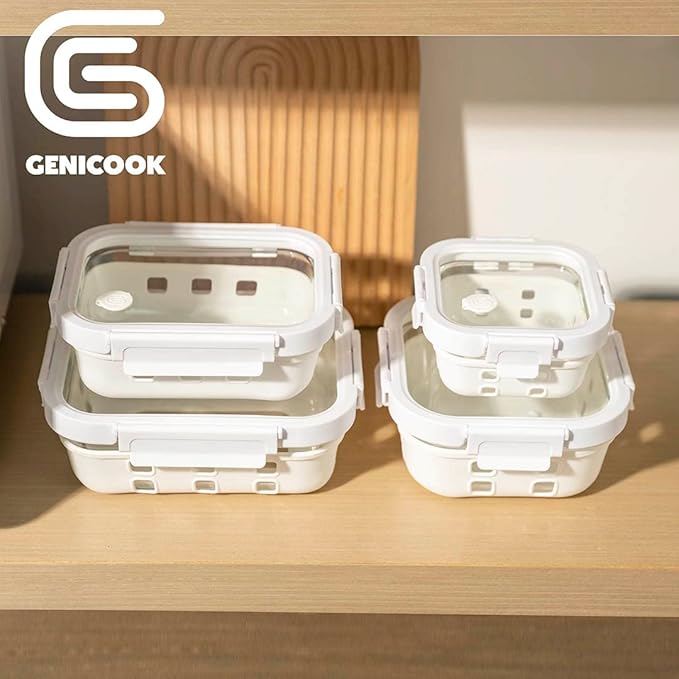 Glass Food Storage Meal Prep Containers - Food Grade Silicone Wrap & Air Release Vent, Rectangular shape - 8 Pc Set (4 Containers - 4 Matching Lids)