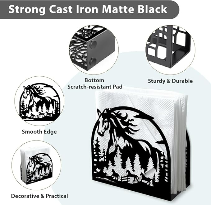 Herd of Horses Decorative Black Metal Napkin Holder for Table, 5.3" x 4.9" x 1.9" Aniaml Tree Forest Standing Napkin Holder for Home Kitchen Restaurant Picnic Party Coffee Bar Dining Room