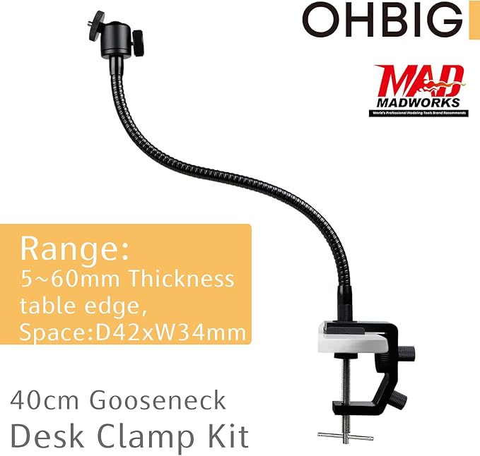 HWATANG OHBIG x MADWORKS Desk Clamp Kit – Metal Gooseneck Arm, Dual 720° Ball Head, 1/4-Inch Screw Mount for Magnifying Glass, LED Light, Action Camera, Phone Holder, Workbench Use