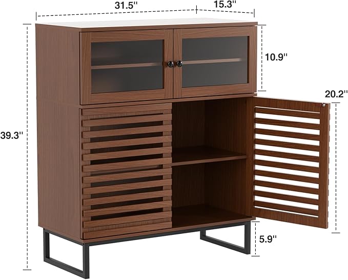 Vabches 31.5" Buffet Cabinet with Storage, Mid Century Modern Sideboard Coffee Bar Cabinet with Grille Doors & Adjustable Shelves for Kitchen, Dining Room, Living Room, Walnut