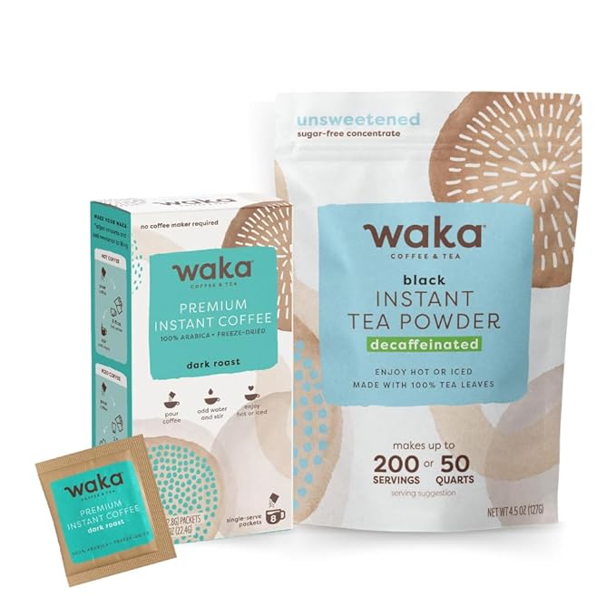 Waka Premium Instant Coffe & Tea Bundle & Save — No Sugar Added & Unsweetened Concentrated Decaf Tea Powder & Dark Coffee (Decaf & Dark 8 ct)