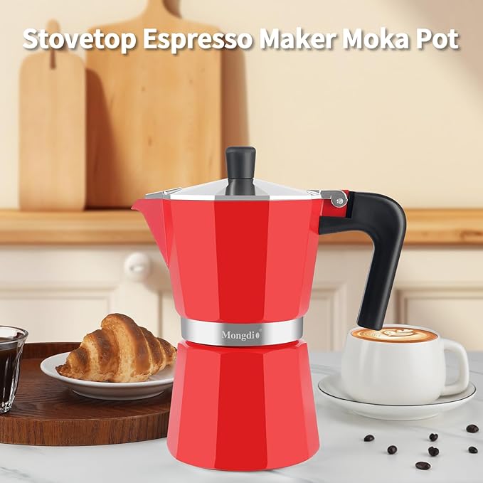 Mongdio Stovetop Espresso Maker Moka Pot, Stove Top Cuban Coffee Maker, Italian Greca Mocha Pot, 6 Espresso Cups, 10 oz - Red