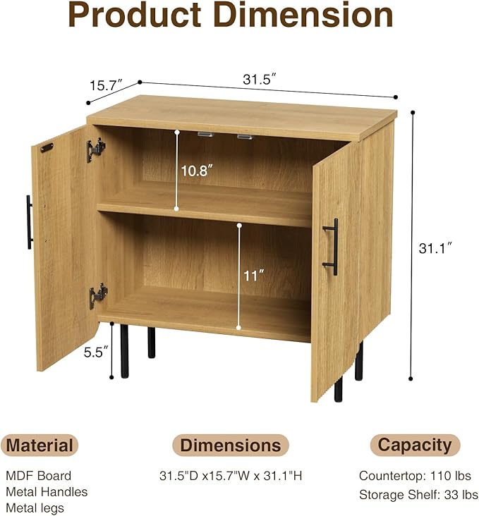 Vabches Fluted Natural Storage Cabinet, 2 Doors Modern Sideboard Buffet Cabinet with Adjustable Shelves and Metal Leg, Accent Cabinet for Living Room, Dining Room, Entryway (Natural & Black)