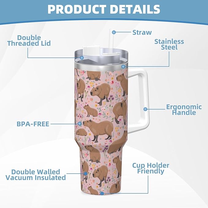 Capybara Gifts Capybara Tumbler Water Bottle Cups for Girls, Teens, Women, Men 40oz Stainless Steel Vacuum Insulated Tumbler with Lid and Straw for Water, Iced Tea or Coffee, Pink