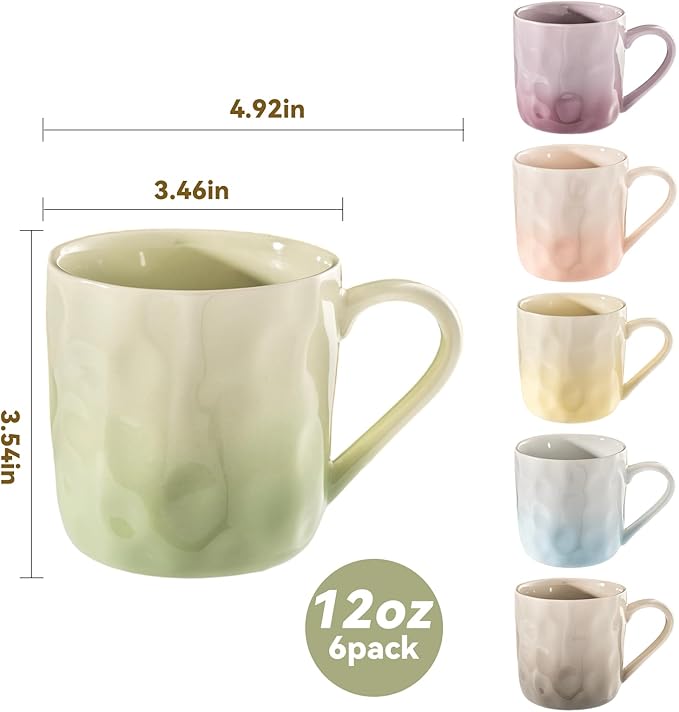 Porcelain Coffee Mugs Set of 6 with Hand Pinch Texture, Non-toxic, Stylish Gift 12 OZ Ceramic Coffee Tea Milk Coco Mug, Microwave and Dishwasher Safe (Multicolor)