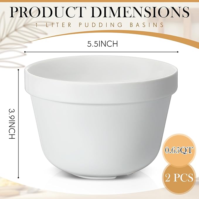 2 Pieces Ceramic 0.65 Qt Pudding Basins White 5.5 Inch Christmas Pudding Mold Bowls for Steaming Ovenproof Durable and Sturdy Porcelain Steamed Plum Puddings Bowl Basin, Easy to Clean