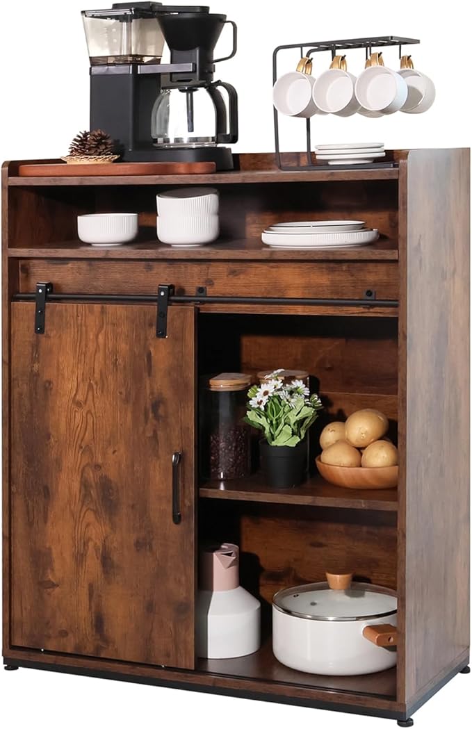 ALBAD Coffee Bar Cabinet/Table, 32" Buffet Sideboard with Sliding Barn Door and Storage Shelves, Farmhouse Wood Kitchen/Accent Storage Cabinet Brown Walaut