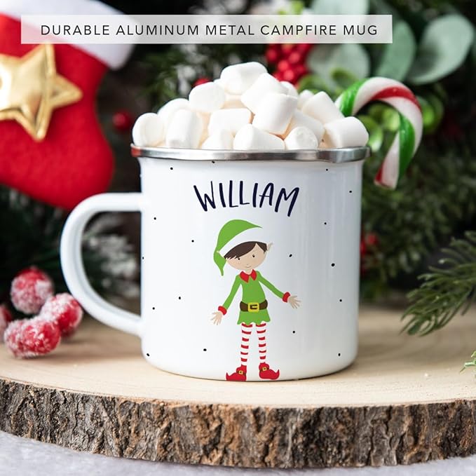 Andaz Press Personalized 11oz. Kids Christmas Hot Chocolate Stainless Steel Campfire Coffee Mug, Green Boy Xmas Elf Standing 1-Pack, Custom Birthday Xmas Cup Kids Mugs For Hot Chocolate Christmas Mugs