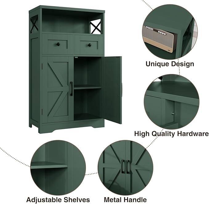 Farmhouse Dark Green Storage Cabinet with Barn Doors and 2 Drawers, Small Freestanding Kitchen Pantry Cabinet, Floor Storage Cabinets Hutch Cupboard for Kitchen/Laundry/Living Room/Bedroom