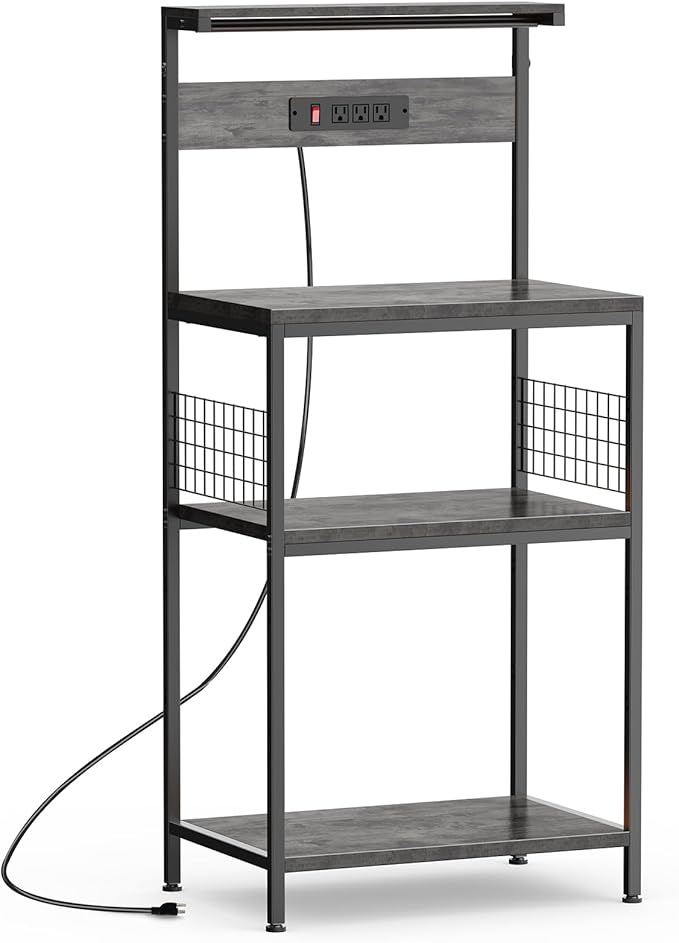 Sweetcrispy Kitchen Bakers Rack with Power Outlet, Coffee Bar Table 4 Tiers, Microwave Oven Stand Station, Adjustable Storage Shelf for Spices, Freestanding Appliance Organizer - 24 Inch, Gray