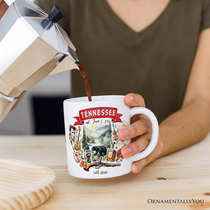 OrnamentallyYou State Travel Landmark Mugs – 12 oz Ceramic Coffee Cups, U.S. Souvenir Gift for Tourists (Artistic Tennessee State Themes and Landmarks Mug)