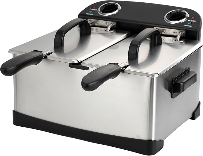 4 L / 4.2 Qt Stainless Steel Double Electric Deep Fryer 1800 W - 2 Drip-Hook Baskets - Dual Temperature Control - Vented Lids - Odor Filter by TheDisplayGuys