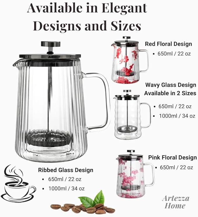 French Press Coffee Maker – 650ml / 22oz – Ribbed Glass Design – Borosilicate Glass with Stainless Steel Filter –Serves Small 4–5 cups