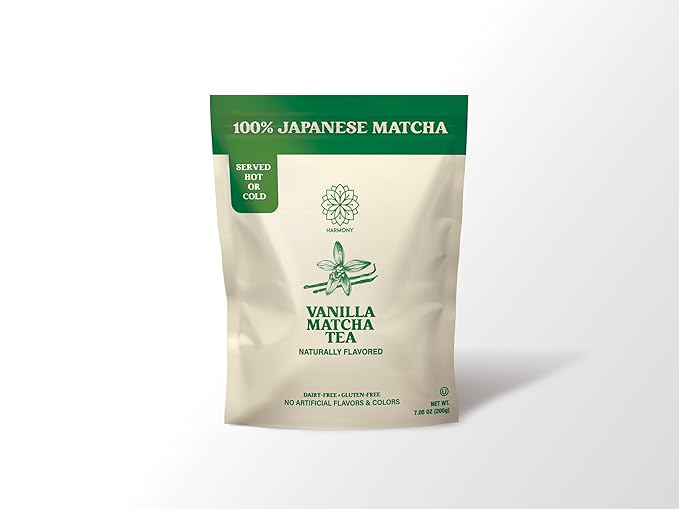 The Harmony Matcha Vanilla (7.05oz Bag - 20 Servings) Premium Sweetened Japanese Matcha Powder, Rich in Antioxidants & L-Theanine, Dairy, Gluten, & Preservative Free, Serve Hot or Iced