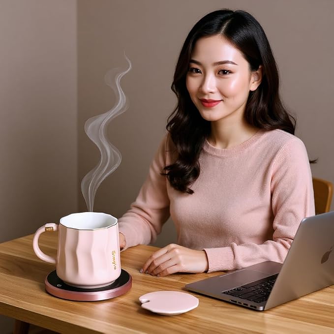 Coffee Mug Warmer Set, Smart Coffee Warmer for Desk Auto Shut Off, Cup Warmer for Office Home Use, 2 Temperature Control Heated, 13.5 oz Flat Bottom Coffee Mug, Gifts for Women, Matte Pink