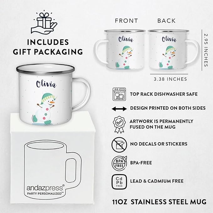 Andaz Press Personalized Name 11oz. Kids Christmas Hot Chocolate Stainless Steel Campfire Coffee Mug, Charming Snowman Aqua Ice Skates, 1-Pack, Custom Birthday Xmas Cup Kids Hot Chocolate Mug