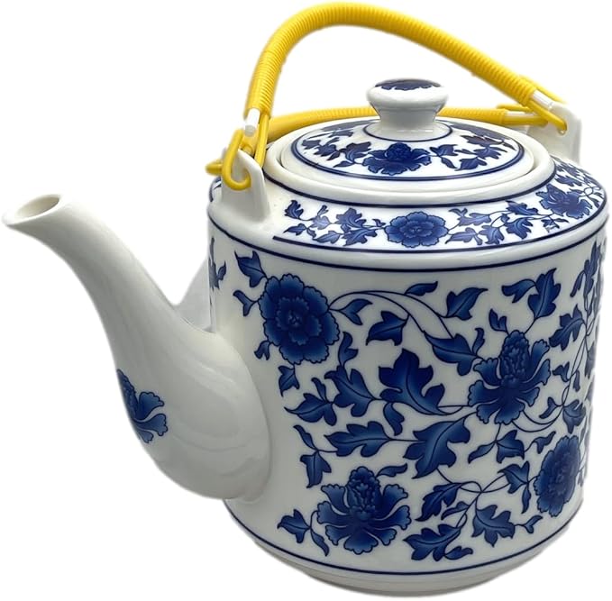 Large Teapot Blue and White Tea Pot Porcelain 66 OZ Floral (Lotus Vine)