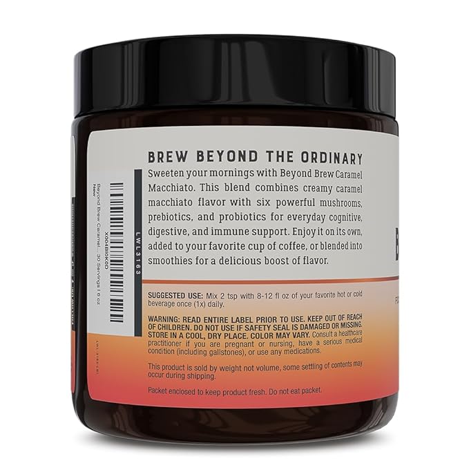 Beyond Brew Caramel Macchiato Coffee Alternative - Low Caffeine Superfood - Powerful Mushroom Complex with Lion’s Mane, Reishi & Chaga - Brewed Drink with Prebiotics & Probiotics - 30 Servings