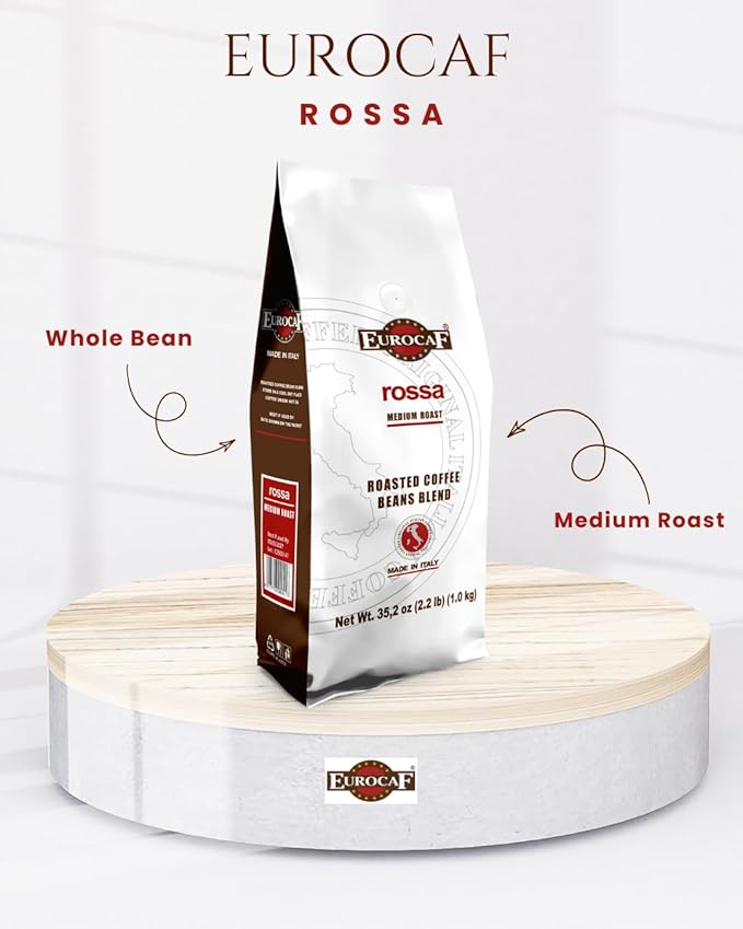 Eurocaf Miscela Rossa, Whole Bean Coffee, Medium Roast, 2.2 Ib, Original Italian Coffee (Pack of 1)