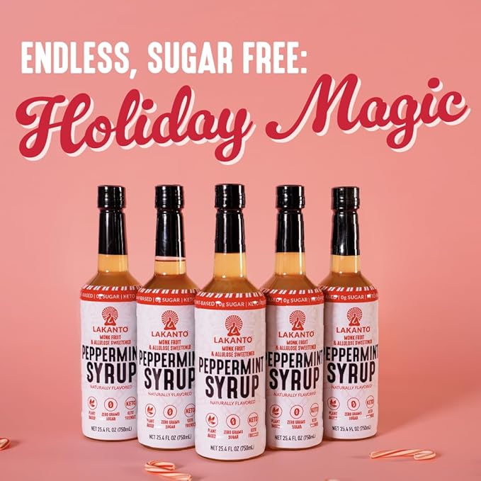 Lakanto Peppermint Simple Syrup - Perfect for Coffee, Tea, Lattes, Smoothies, Cocktails, Holiday Drinks, Baking, Monk Fruit Sweetener with Allulose Zero Sugar, Keto Diabetic Friendly (25.4 Fl Oz)