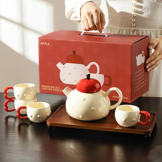 Apple-themed Modern Tea Set, 1 Teapot (28.7oz), 4 Teacups and 1 Tea Tray, Porcelain Tea Set for Adults, Cute Tea Set for Women Tea Party, Gift Package