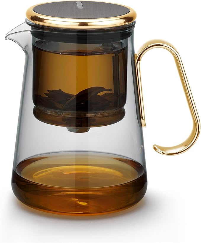 Bonston heat-resistant glass teapot, magnetic switch, dark grey glass, Gold handle, 23.6 oz, BP19