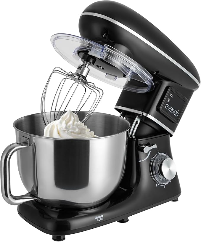 Stand Mixer, 6 +1 Speeds Electric Food Mixer, Portable Kitchen Mixer for Daily Use with Egg Whisk,Dough Hook,Flat Beater Used in Kitchens, Small Restaurants, Bakeries (Black)