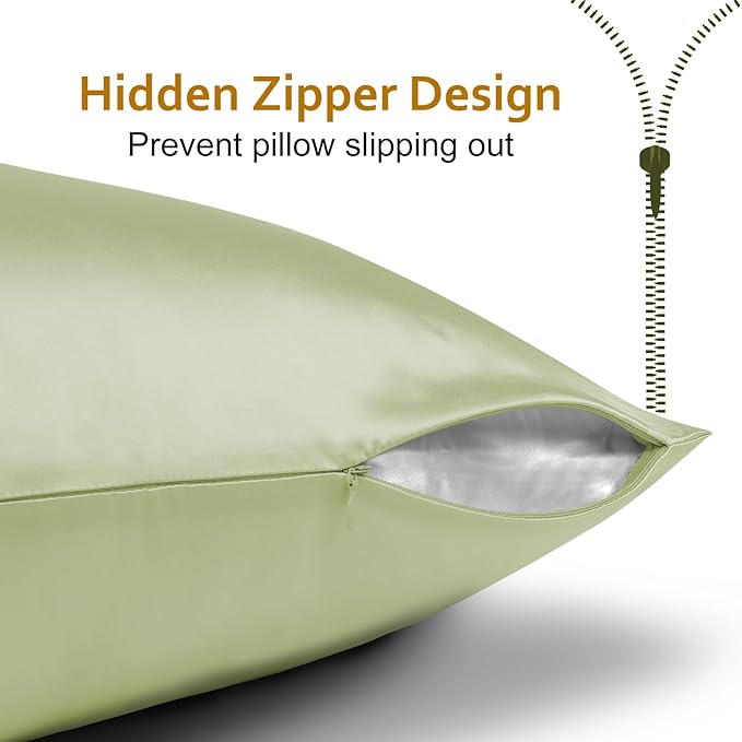 Ravmix Silk Pillow Cases with Zipper, 21momme Mulberry Silk Pillowcase for Hair Skin Health, Soft Smooth Breathable Cool Pillow Cover for Beauty Sleep 1PC(Queen 20"x30", Bean Green)