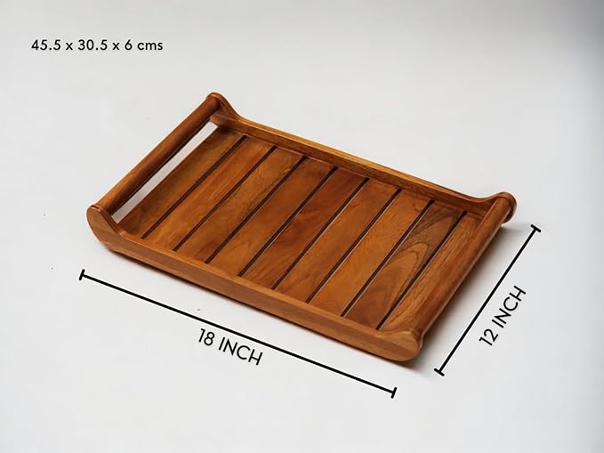 Vesta Homes Extra Large Teak Wood Serving Tray for Home, Kitchen, Breakfast, Restaurant, Office Organizer, Dining Table | Premium Wooden Serving Trays |18*12*2.25 Inches | Handcrafted in India