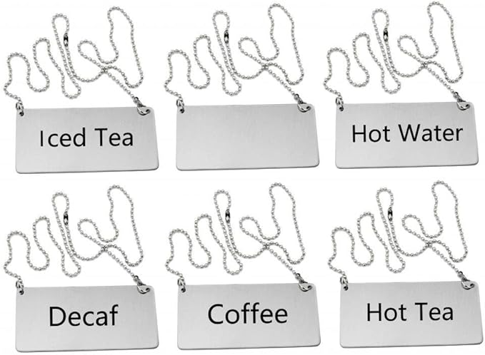 New Star Foodservice 27549 Stainless Steel Table Tent Chain Sign Combo, Includes (Coffee), (Decaf), (Hot Tea), (Iced Tea), (Hot Water), and (Blank), 3.5"x 1.5", Combo Set of 6
