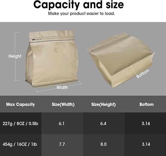 50 Count 8oz Coffee Bags with Valve,1/2 lb Vented Coffee Beans Packaging Bags High Barrier Aluminumed Foil Flat Bottom Heat Sealed Side Zipper Resealable Storage Bag for Home or Business（Brown）