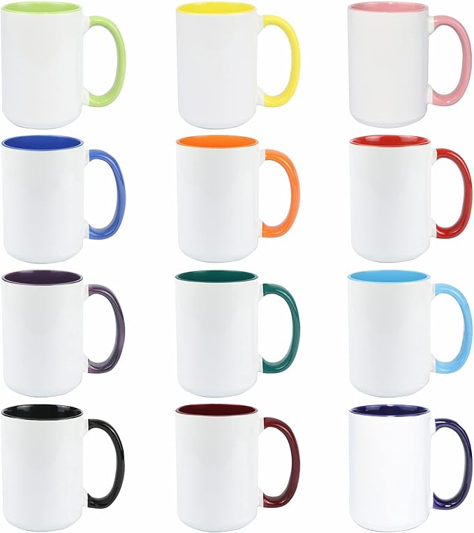 Sublimation Coffee Mug, sublimation cups 15oz, Ceramic mugs, 12 Assorted Colors, Case of 12