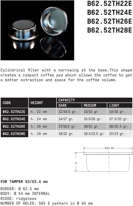 IMS Precision 18-22 g filter basket B62.52TH28E compatible with 54mm Breville Sage Express, Bambino, Bambino Plus, Barista Pro, Impress, Barista Touch, Infuser. Doesn't fit JET model