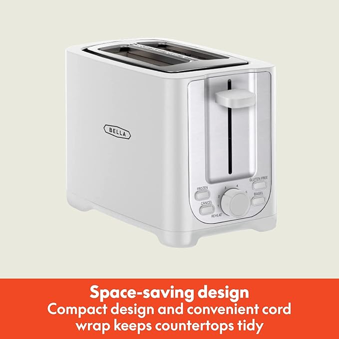 BELLA 2 Slice Toaster with Auto Shut Off - Extra Wide Slots & Removable Crumb Tray and Cancel, Defrost & Reheat Function - Toast Bread, Bagel & Waffle, White