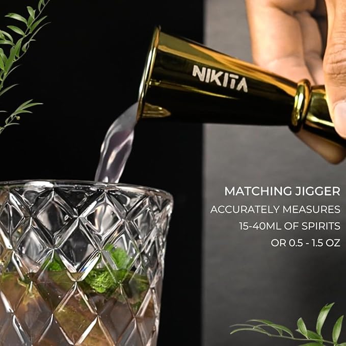 Glass Cocktail Shaker Set - 5 Piece - Gold Martini Shaker Set with Strainer, Jigger, Spoon & Muddler - 16 oz Drink Shakers Cocktail - Ideal Gift for Home Bar & Drink Trolley Décor
