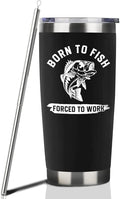 Fishing Gifts For Men Gifts for Fathers Day 20oz Black Born To Fish Forced to Work Travel Tumbler Birthday Christmas Presents For Grandpa Dad Uncle Boyfriend Fishing Lover Travel Cup With Lid Straw