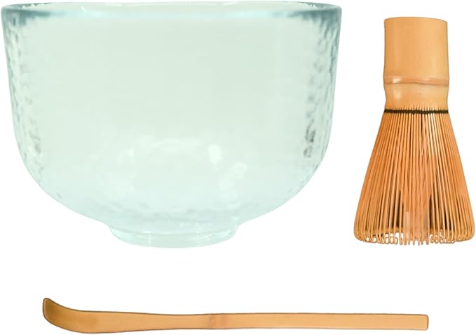Glass Matcha Bowl 3 Piece Set, Made in Japan, Heavy Duty Hand Made Tokyo-Glass Chawan, Heat and Cold-Resistant, Bamboo Matcha whisk (chasen), Matcha Spoon (chashaku) set