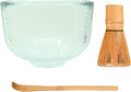 Glass Matcha Bowl 3 Piece Set, Made in Japan, Heavy Duty Hand Made Tokyo-Glass Chawan, Heat and Cold-Resistant, Bamboo Matcha whisk (chasen), Matcha Spoon (chashaku) set