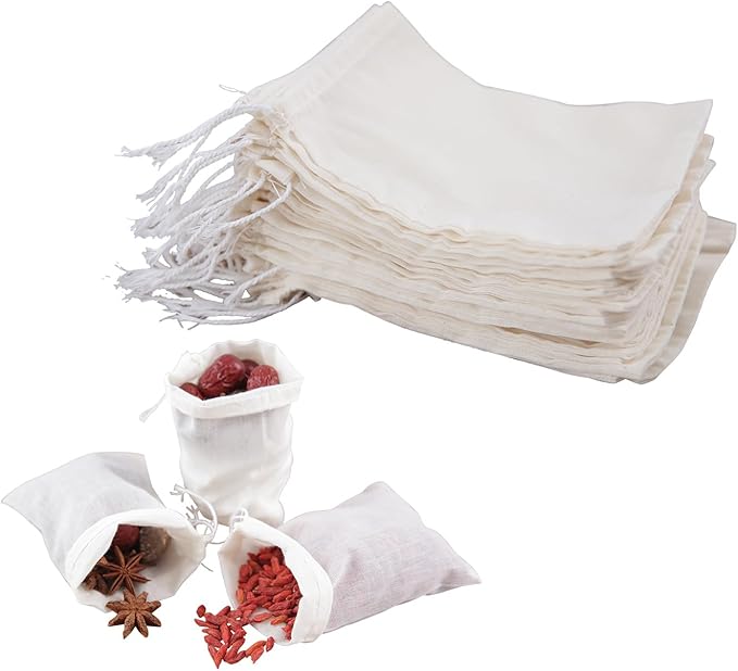 20pcs Muslin Bags with Drawstring,White Spice Bags,Safe and Natural Cotton Material Tea Filter Bags,Cheesecloth Bags for Coffee,Tea,Soup etc.8 x 6 inch.