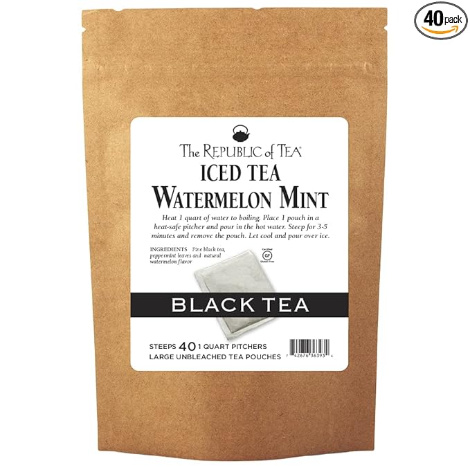 The Republic of Tea Watermelon Mint Black Iced Tea, 40 Large Pouches / 40 Quarts, Premium Fine Black Tea