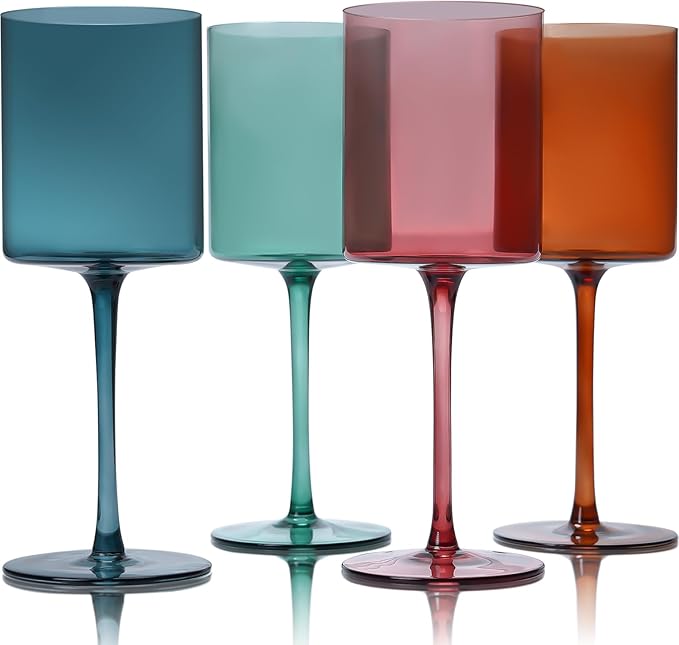 Colored Wine Glasses Set of 4-16oz Cylindrical All Purpose Wine Glass, Crystal Wine Glass Set in Gift Packaging, Great Gift for Wedding, Anniversary, Christmas, Birthday, 9’’ Tall, Long Stem