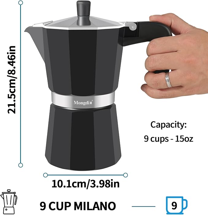 Mongdio Stovetop Espresso Maker Moka Pot, Stove Top Cuban Coffee Maker, Italian Greca Mocha Pot, 9 Espresso Cups, 15 oz - Black