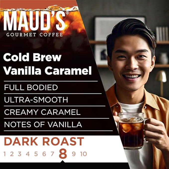 Maud's Vanilla Caramel Flavored Cold Brew Coffee Pods, 18 ct, Dark Roast Flavored Coffee in Recyclable Single Serve Pods – 100% Arabica Beans, Compatible with Keurig K Cups Maker
