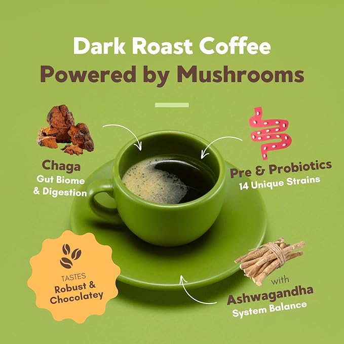 360 Nutrition Instant Mushroom Coffee with Chaga Superfood Mushroom and Prebiotics, Probiotics for Gut Health, and Focus Support | Dark Roast, No Added Sugar 5 oz (Gut Blend)