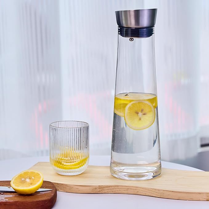 GLASKEY Glass Water Carafe with Lid,1200ml Glass Juice Pitcher with Stainless Steel Gravity Lid,Clear Water Pitcher for Ice Tea, Lemonade, Coffee,Juice Beverage,40 oz