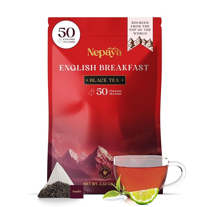 Nepaya English Breakfast Black Tea – 50 Pyramid Tea Bags, Strong & Robust, High Caffeine, Biodegradable, Himalayan Whole-Leaf