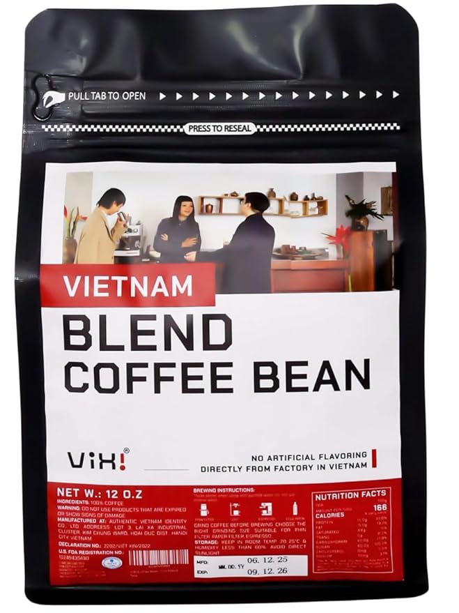VIXI Coffee Bean Blend, 12 Ounce, Dark Roast, Whole Beans, Arabica Blend Robusta, Full Beans, Smooth and Balanced Taste, Natural Vietnamese Coffee for Hot and Cold Brew