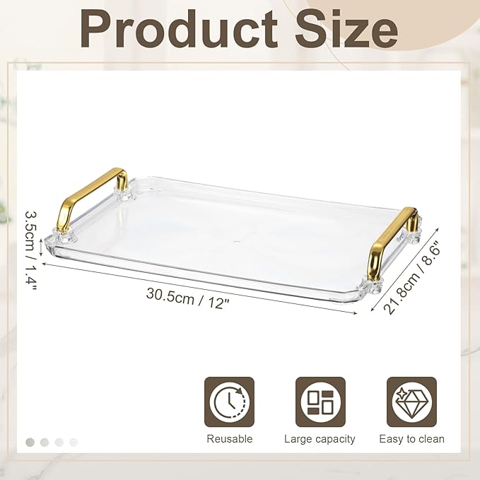 uxcell Plastic Serving Tray with Golden Handle, 12 x 8.6 Modern Rectangular Decorative Tray Acrylic Reusable Tea Platter for Countertop Bathroom Kitchen Home Restaurant, Transparent