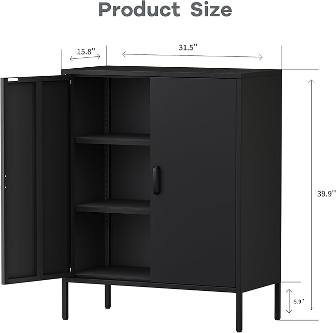 Bathroom Floor Storage Cabinet,40H Small Metal Cabinets for Storage with Doors,2 Door Black Towel Freestanding Cabinet for Small Spaces,Two Door Hallway Short Cabinets,Shallow Low Cupboard